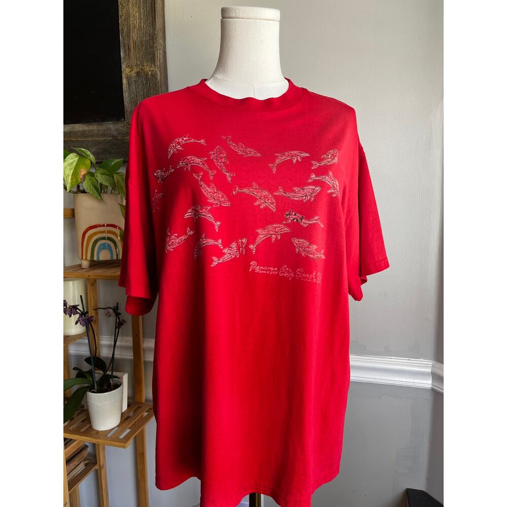 Vintage Y2K Panama City Beach T-Shirt Red Dolphins Diver Size Large